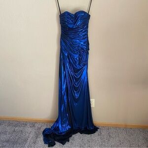 Flirt by Maggie Sottero Blue Metallic Strapless Formal Dress